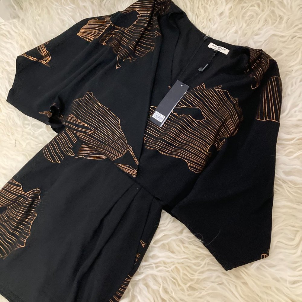 HALSTON HERITAGE Kimono-sleeve Faux-wrap Printed Dress In Black Antique - Picture 7 of 15